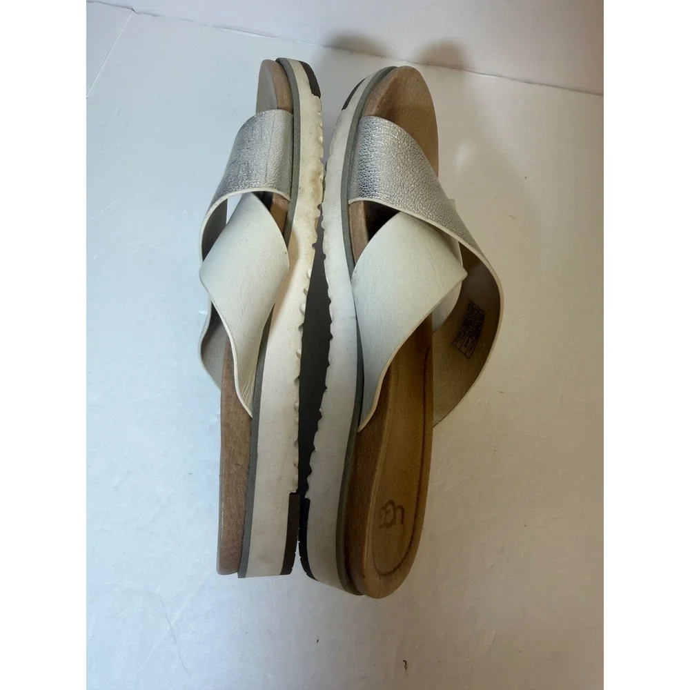 UGG Kari Metallic Silver Cream Leather Crisscross Slide Sandals 1018901 Womens 8
